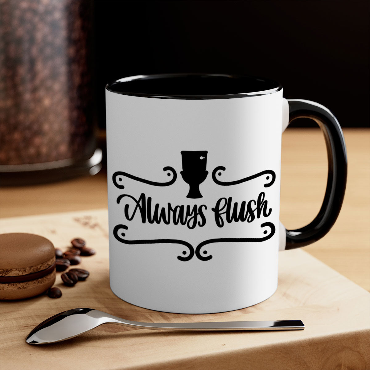 Always Flush 47# Bathroom Mug in five color options with a glossy finish and C-shaped handle, perfect for coffee or tea.