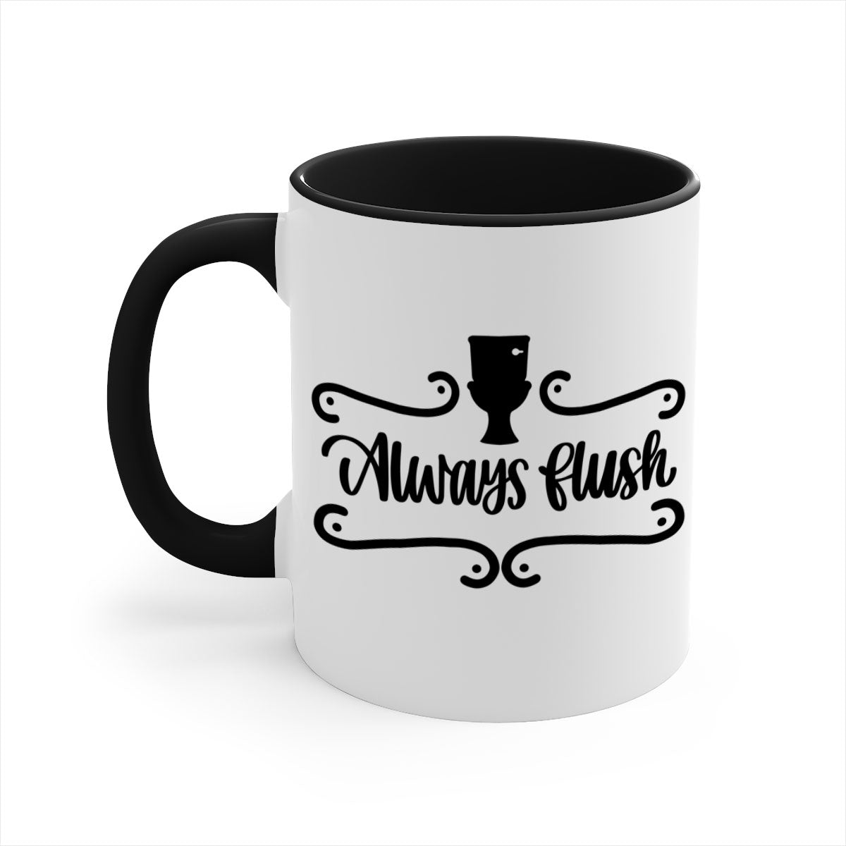 Always Flush 47# Bathroom Mug in five color options with a glossy finish and C-shaped handle, perfect for coffee or tea.