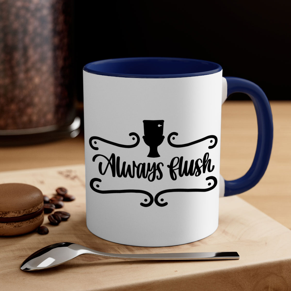 Always Flush 47# Bathroom Mug in five color options with a glossy finish and C-shaped handle, perfect for coffee or tea.