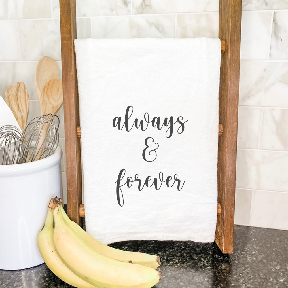 Always & Forever Cotton Tea Towel featuring a vibrant design, made from 100% absorbent cotton, measuring 27 inches square.