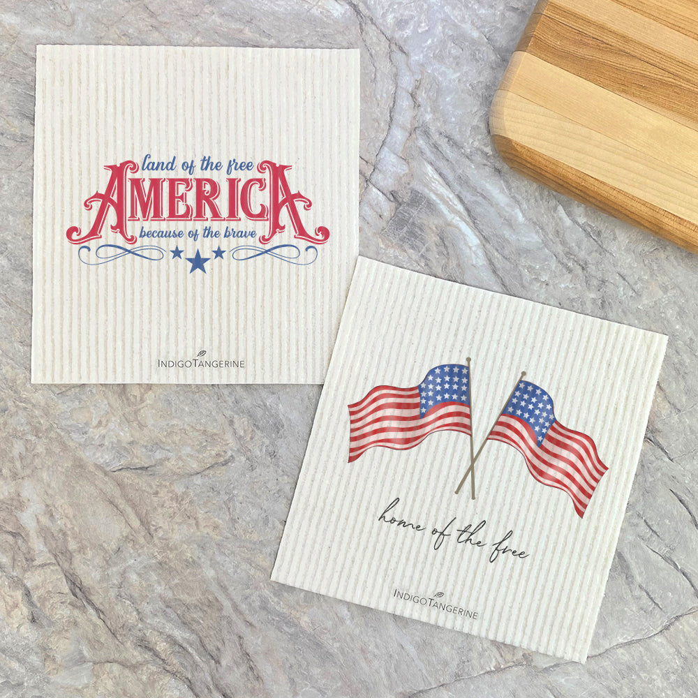 Two Swedish dish cloths featuring America Land of the Free designs, eco-friendly and reusable.