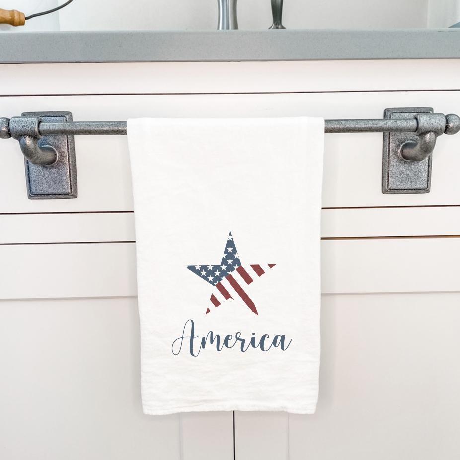 America Star Cotton Tea Towel featuring vibrant designs, made from 100% absorbent cotton, perfect for kitchen use.