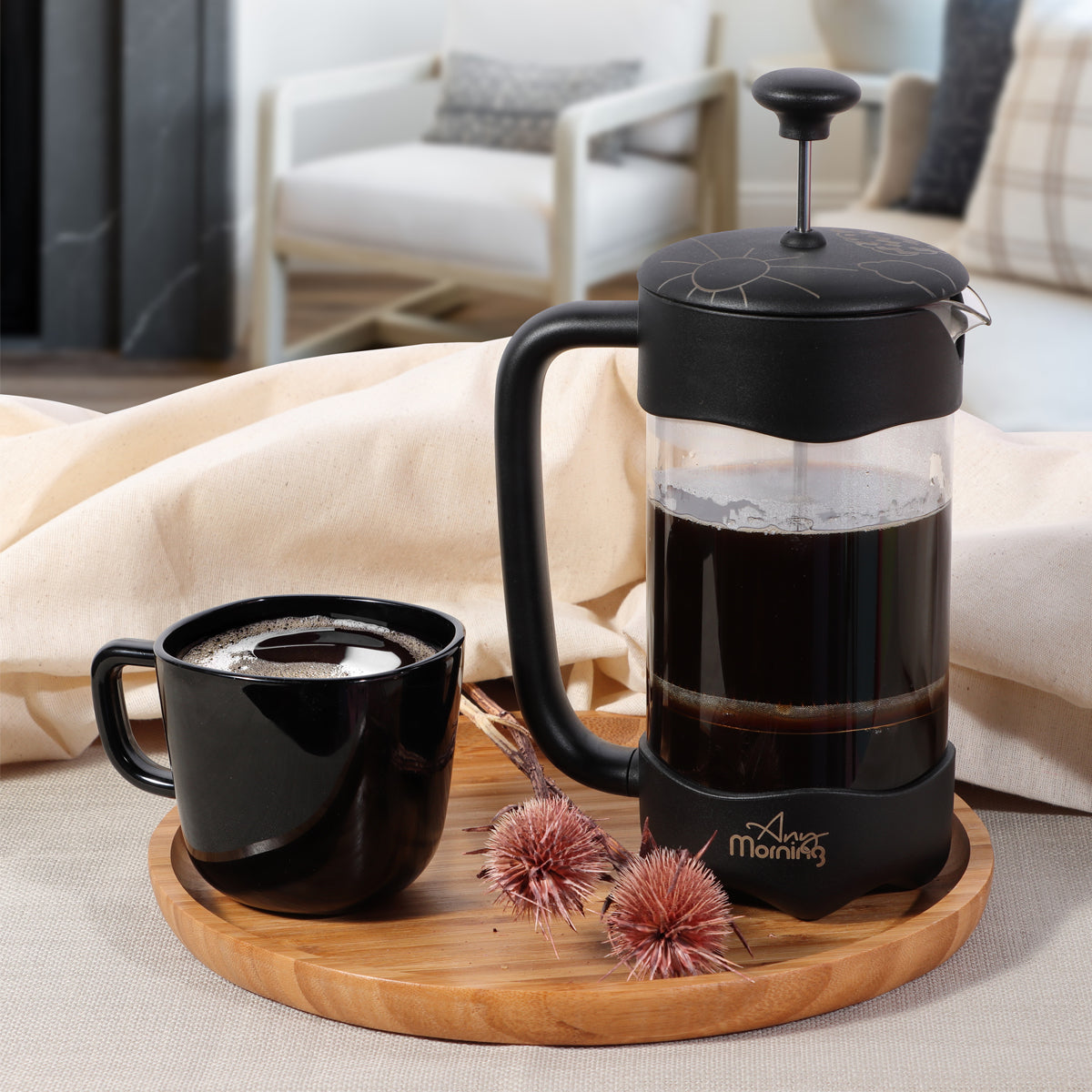 Any Morning FY92 French Press in Schwarz, 350 ml, aus robustem Kunststoff mit Edelstahl-Filter für perfekten Kaffee.