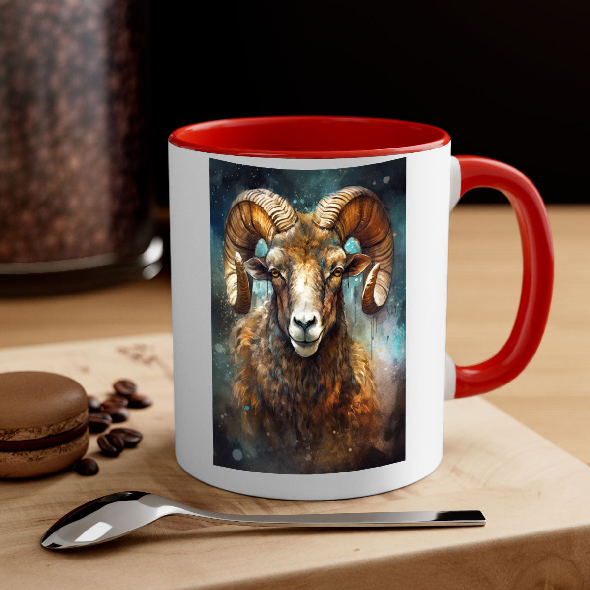 Aries 54# zodiac mug with a glossy finish, featuring a colored handle and interior, available in five vibrant colors.