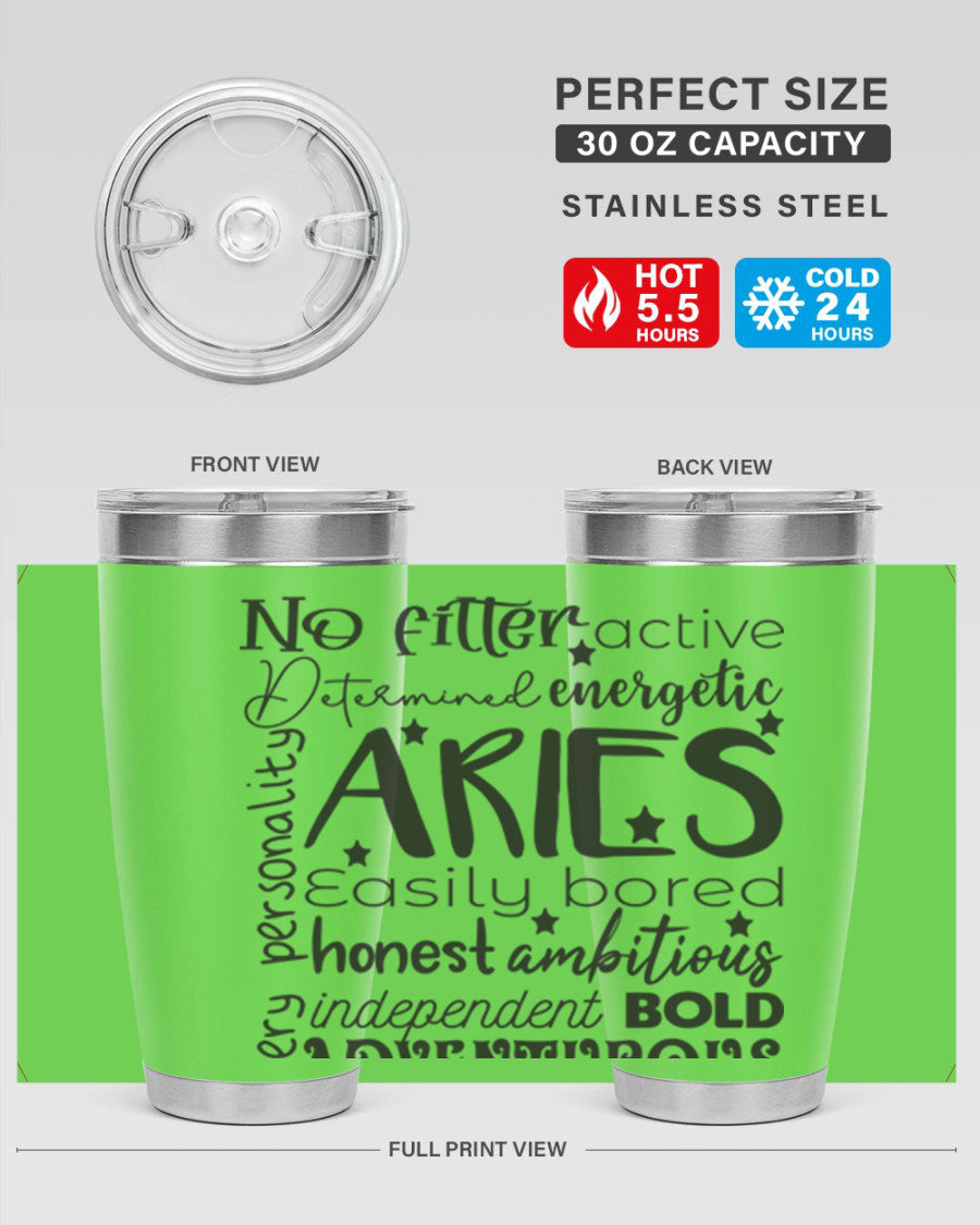 Aries 564# Zodiac Tumbler in stainless steel with a vibrant zodiac design, featuring a drink-thru lid and double wall insulation.