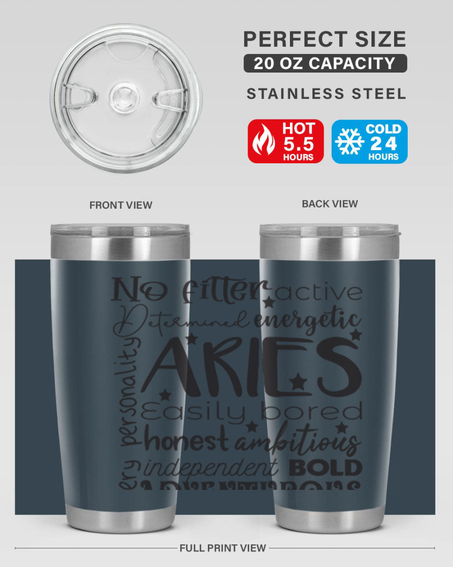 Aries 564# Zodiac Tumbler in stainless steel with a vibrant zodiac design, featuring a drink-thru lid and double wall insulation.