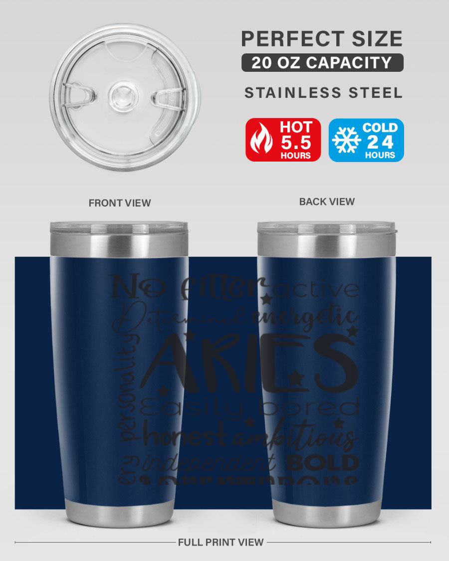 Aries 564# Zodiac Tumbler in stainless steel with a vibrant zodiac design, featuring a drink-thru lid and double wall insulation.