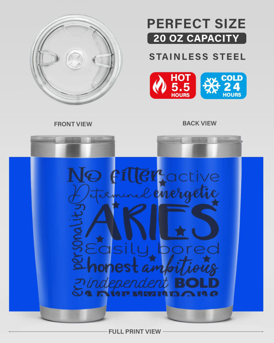 Aries 564# Zodiac Tumbler in stainless steel with a vibrant zodiac design, featuring a drink-thru lid and double wall insulation.