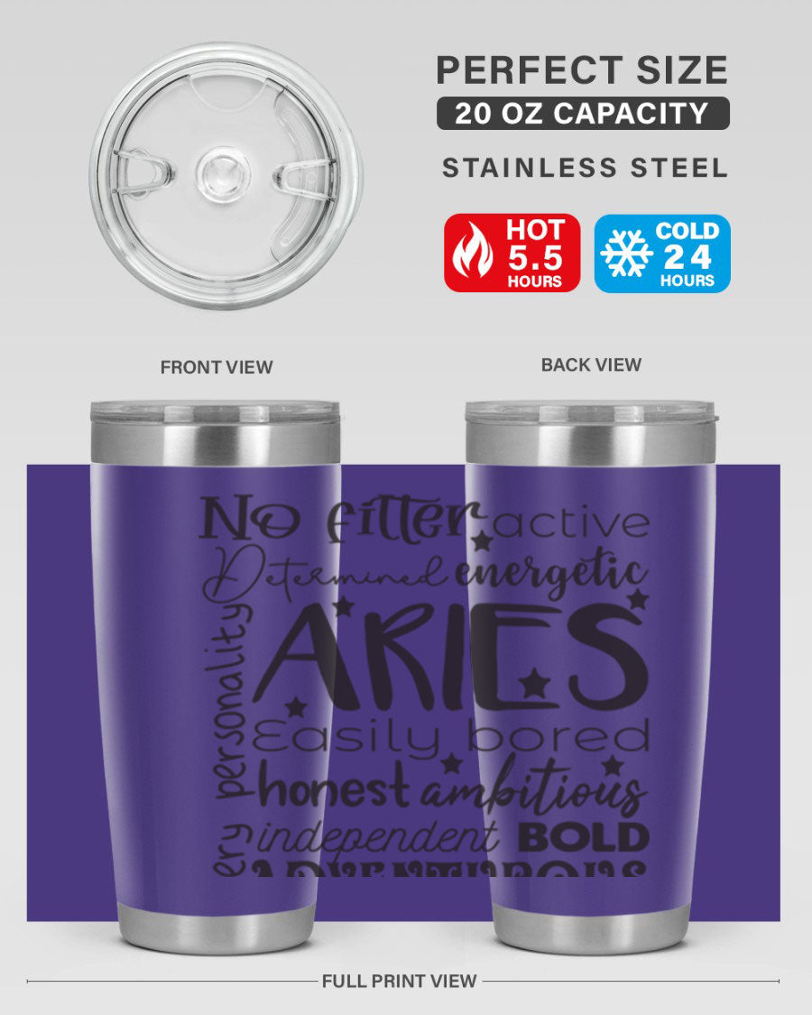 Aries 564# Zodiac Tumbler in stainless steel with a vibrant zodiac design, featuring a drink-thru lid and double wall insulation.