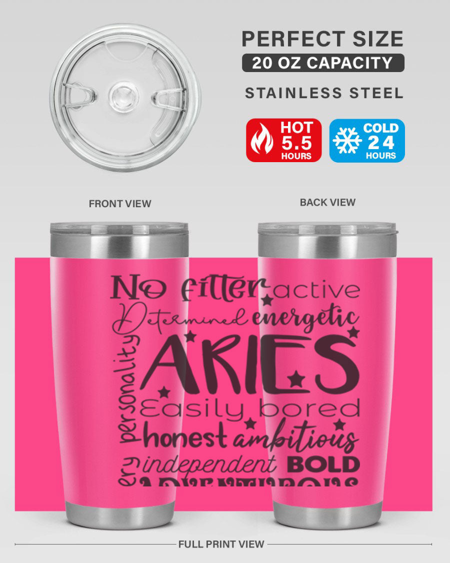 Aries 564# Zodiac Tumbler in stainless steel with a vibrant zodiac design, featuring a drink-thru lid and double wall insulation.