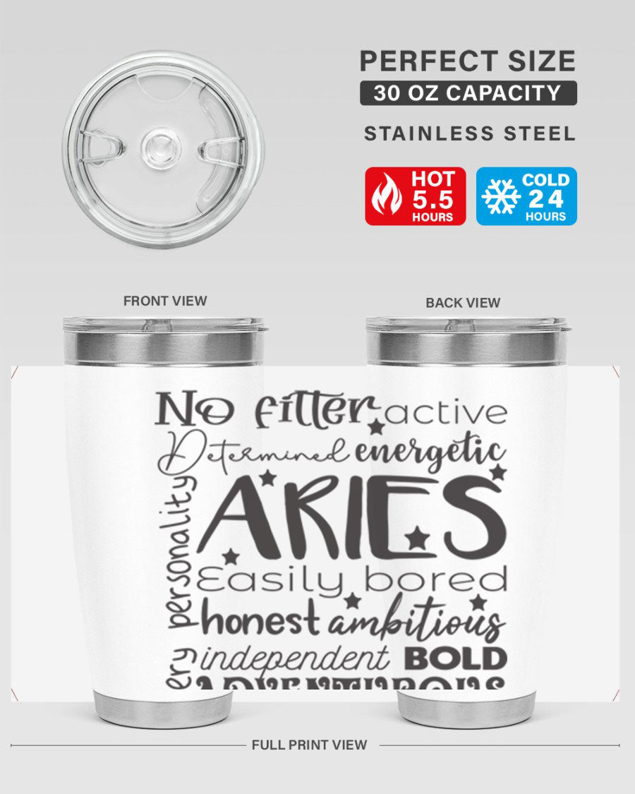 Aries 564# Zodiac Tumbler in stainless steel with a vibrant zodiac design, featuring a drink-thru lid and double wall insulation.