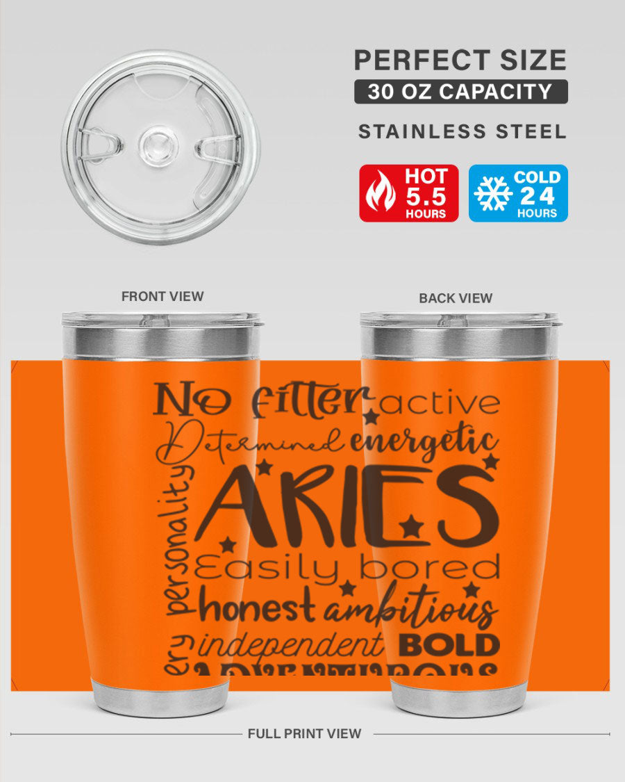 Aries 564# Zodiac Tumbler in stainless steel with a vibrant zodiac design, featuring a drink-thru lid and double wall insulation.