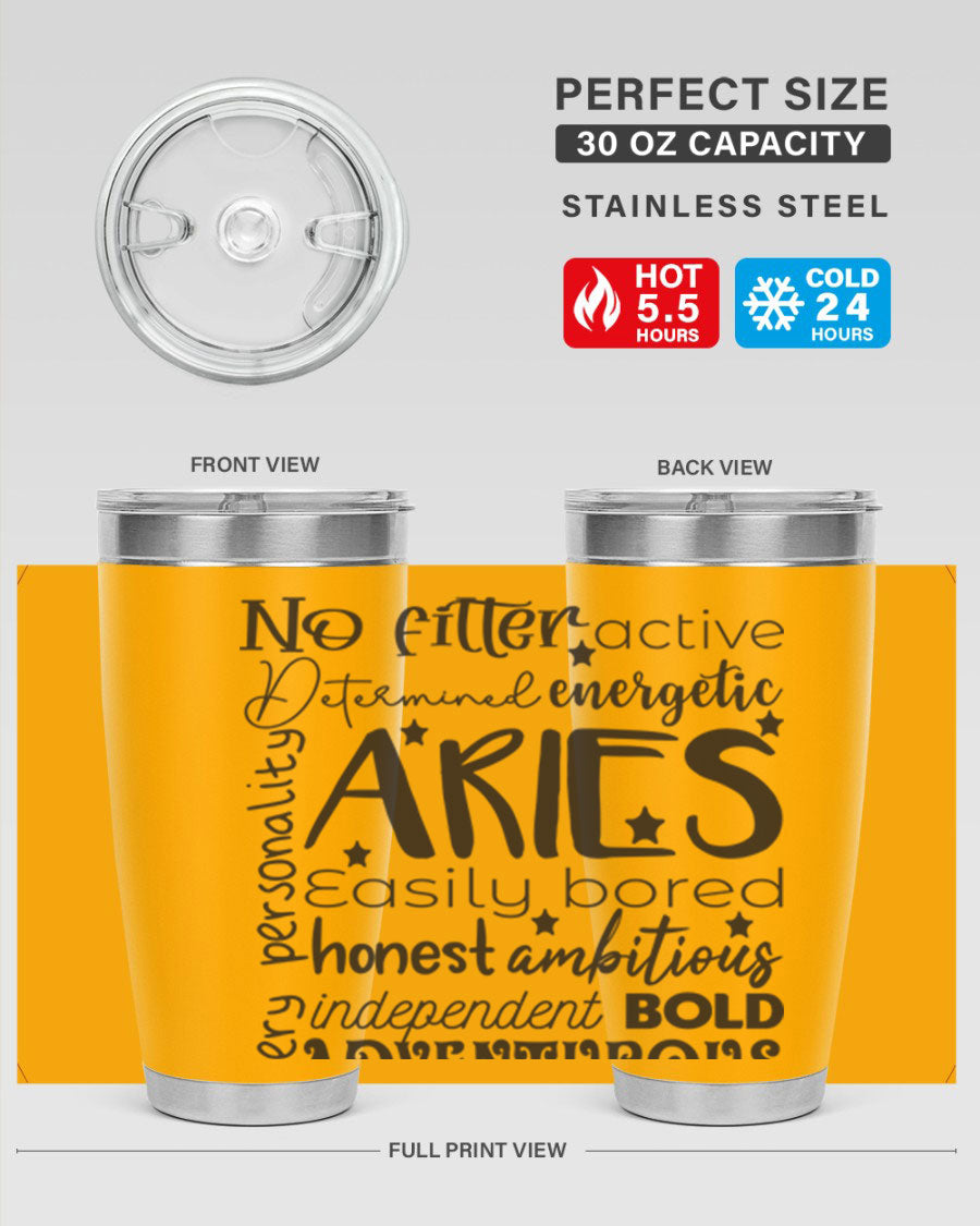 Aries 564# Zodiac Tumbler in stainless steel with a vibrant zodiac design, featuring a drink-thru lid and double wall insulation.