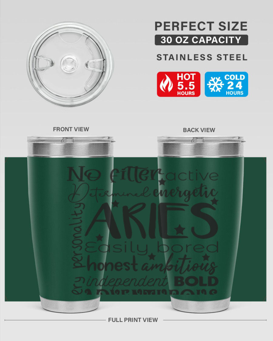 Aries 564# Zodiac Tumbler in stainless steel with a vibrant zodiac design, featuring a drink-thru lid and double wall insulation.