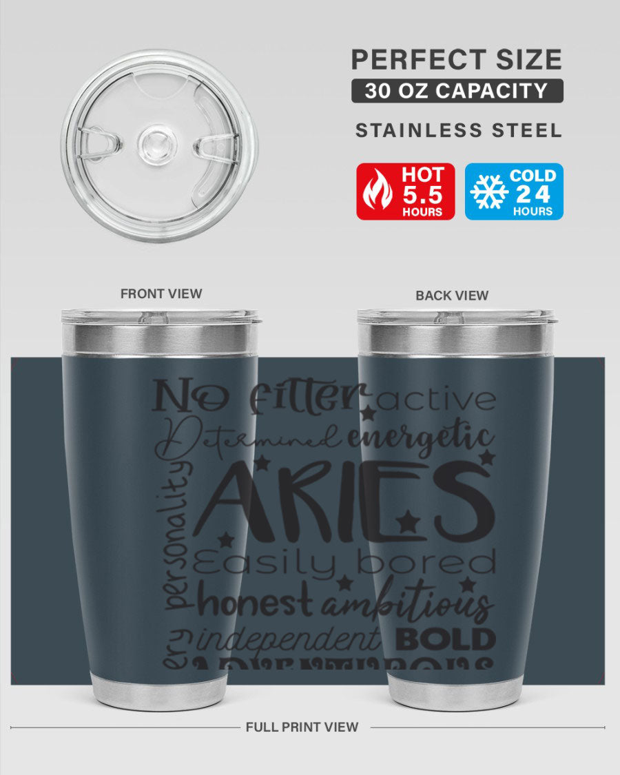 Aries 564# Zodiac Tumbler in stainless steel with a vibrant zodiac design, featuring a drink-thru lid and double wall insulation.