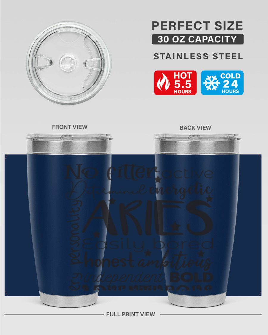 Aries 564# Zodiac Tumbler in stainless steel with a vibrant zodiac design, featuring a drink-thru lid and double wall insulation.