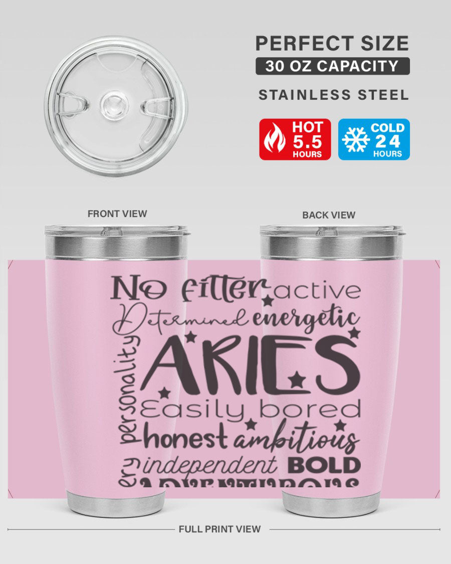 Aries 564# Zodiac Tumbler in stainless steel with a vibrant zodiac design, featuring a drink-thru lid and double wall insulation.