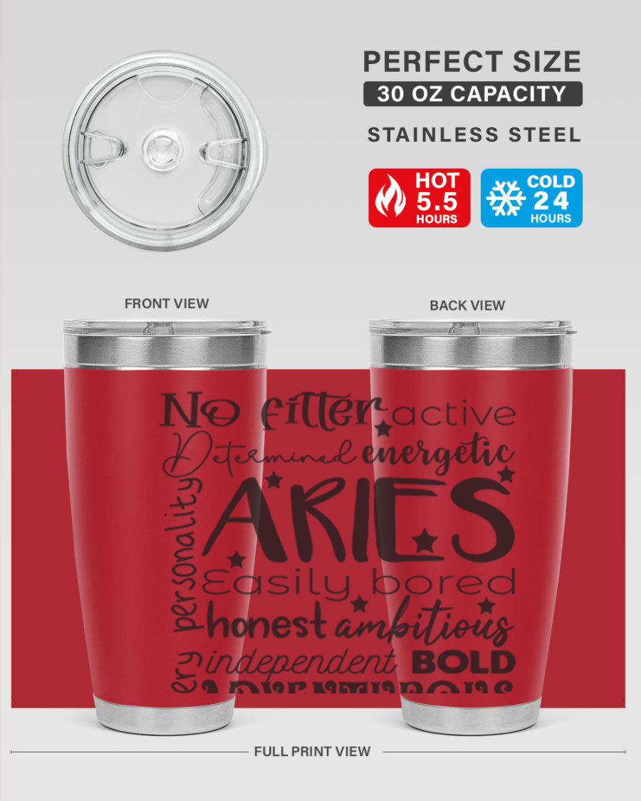 Aries 564# Zodiac Tumbler in stainless steel with a vibrant zodiac design, featuring a drink-thru lid and double wall insulation.