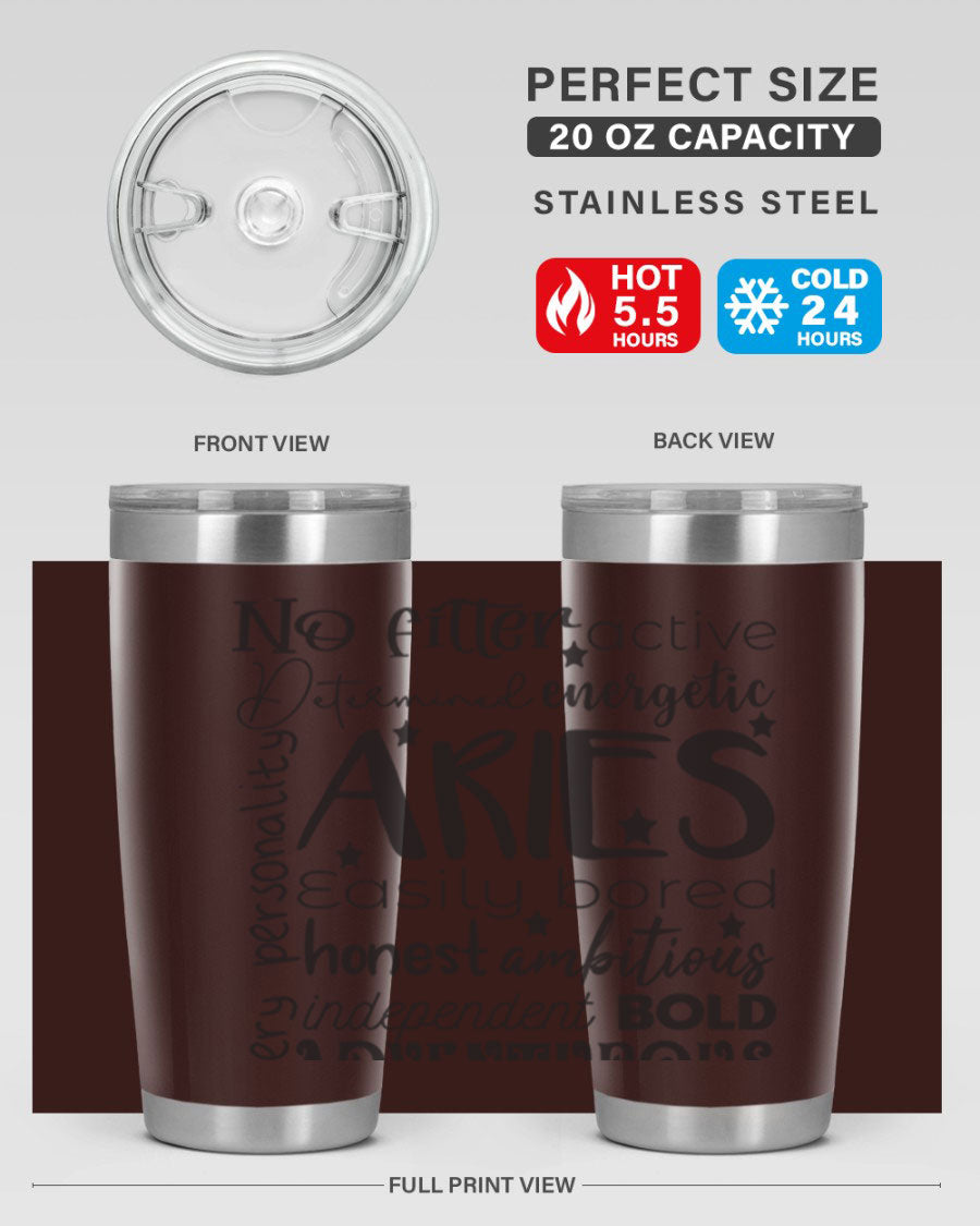 Aries 564# Zodiac Tumbler in stainless steel with a vibrant zodiac design, featuring a drink-thru lid and double wall insulation.