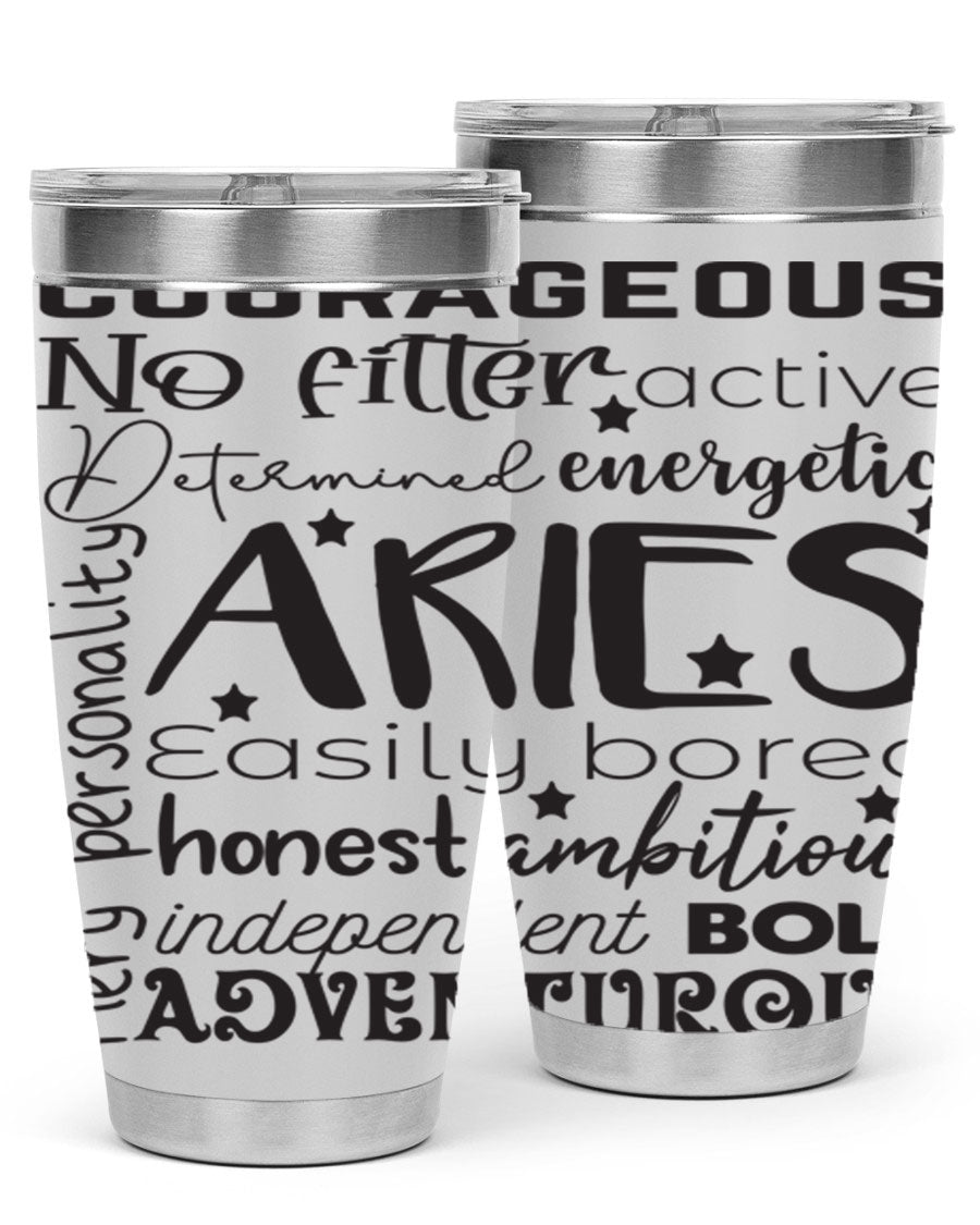 Aries 564# Zodiac Tumbler in stainless steel with a vibrant zodiac design, featuring a drink-thru lid and double wall insulation.