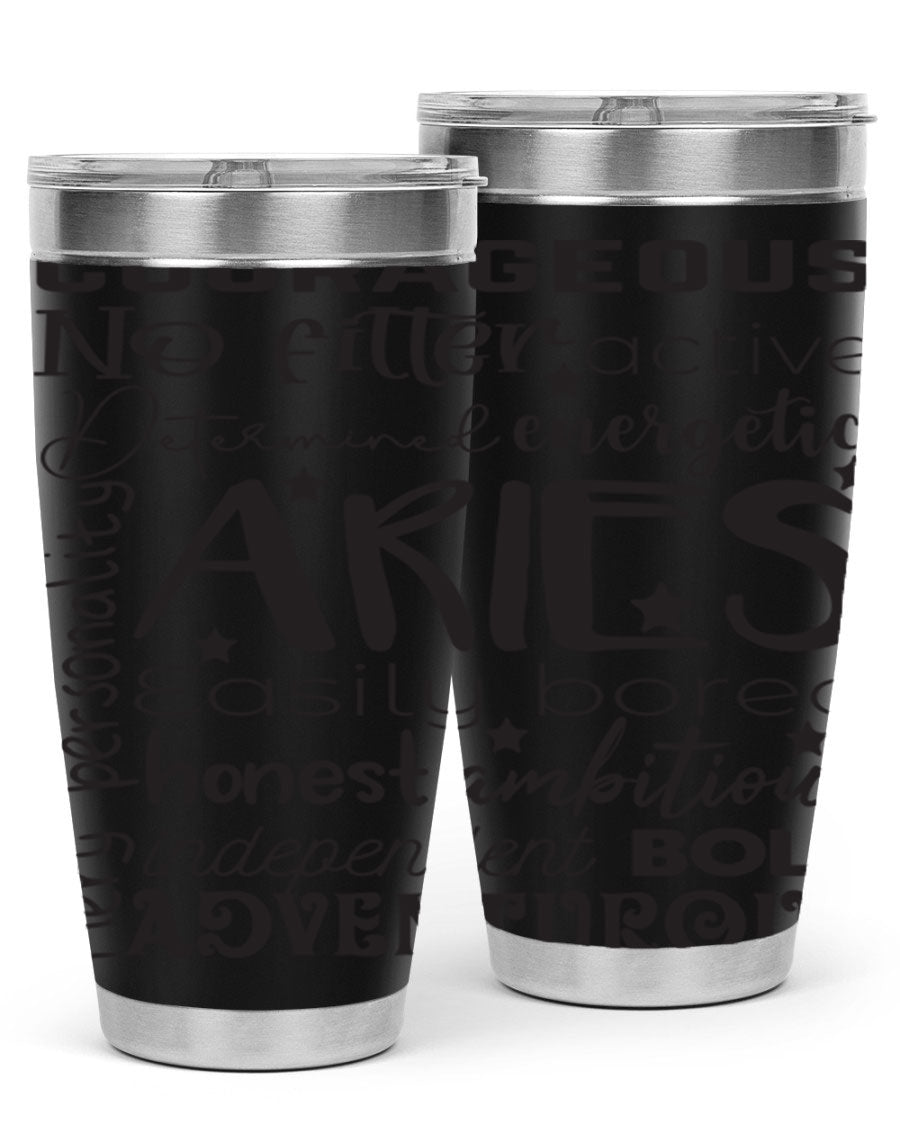 Aries 564# Zodiac Tumbler in stainless steel with a vibrant zodiac design, featuring a drink-thru lid and double wall insulation.