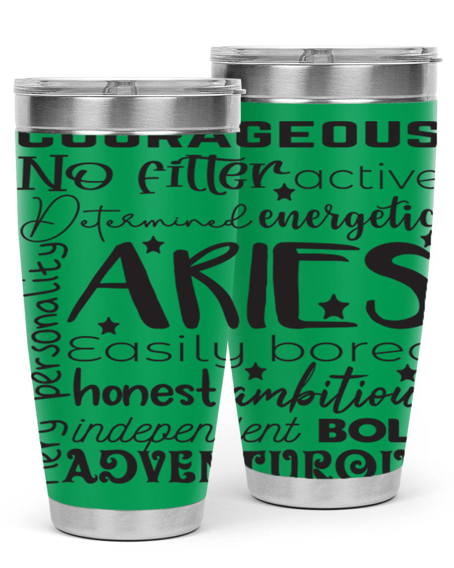 Aries 564# Zodiac Tumbler in stainless steel with a vibrant zodiac design, featuring a drink-thru lid and double wall insulation.