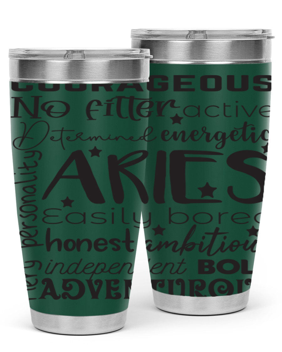 Aries 564# Zodiac Tumbler in stainless steel with a vibrant zodiac design, featuring a drink-thru lid and double wall insulation.