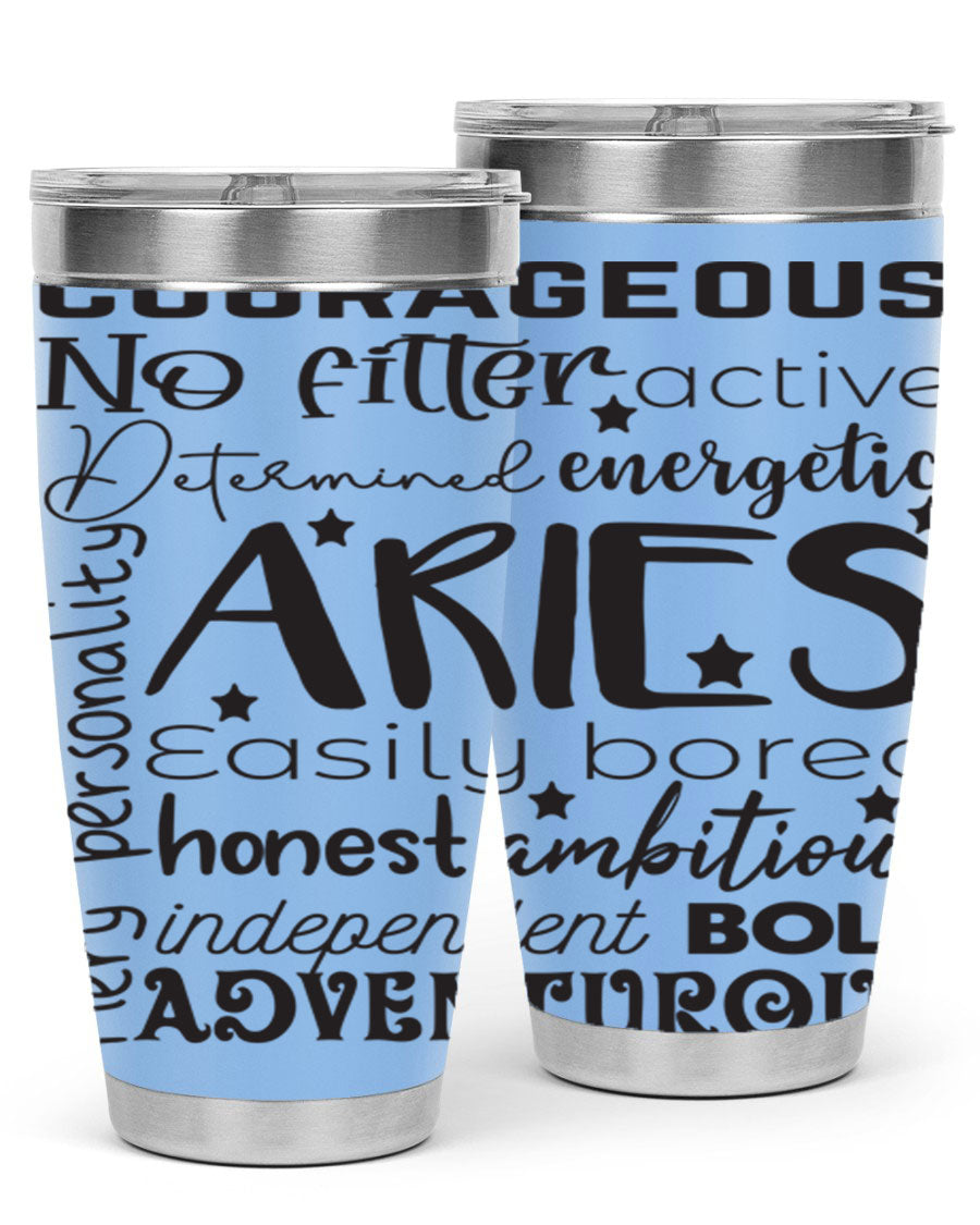 Aries 564# Zodiac Tumbler in stainless steel with a vibrant zodiac design, featuring a drink-thru lid and double wall insulation.