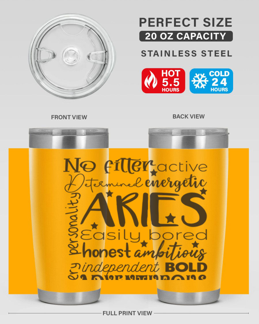 Aries 564# Zodiac Tumbler in stainless steel with a vibrant zodiac design, featuring a drink-thru lid and double wall insulation.