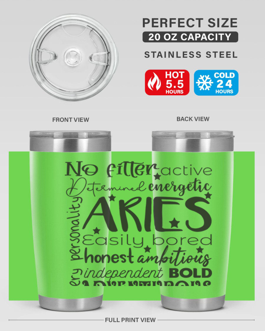 Aries 564# Zodiac Tumbler in stainless steel with a vibrant zodiac design, featuring a drink-thru lid and double wall insulation.