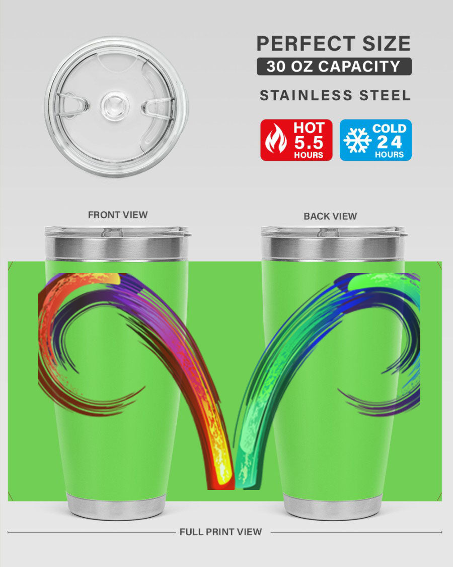 Aries 559# Zodiac Tumbler in stainless steel with a vibrant design, showcasing its double wall vacuum insulation and drink-thru lid.