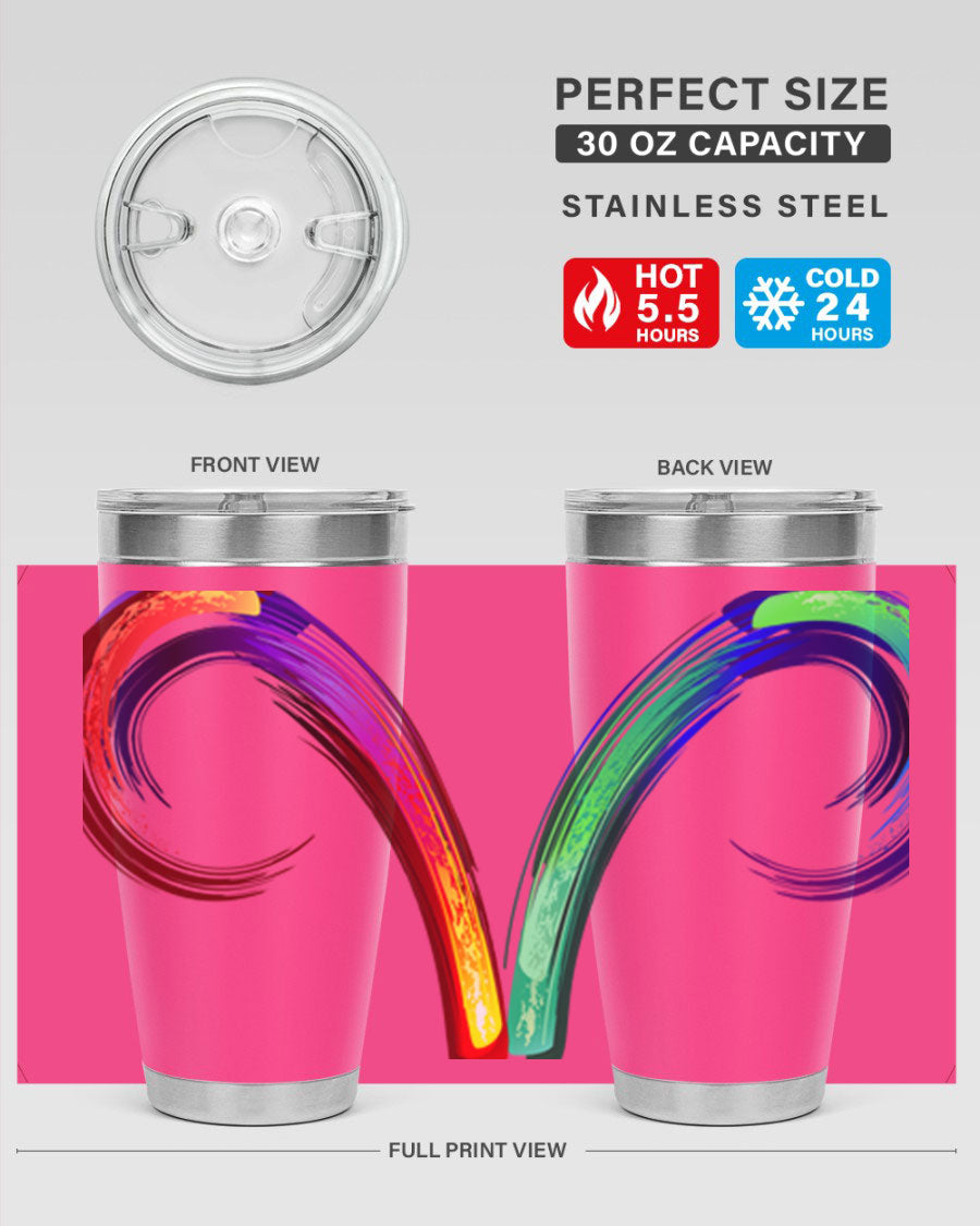 Aries 559# Zodiac Tumbler in stainless steel with a vibrant design, showcasing its double wall vacuum insulation and drink-thru lid.