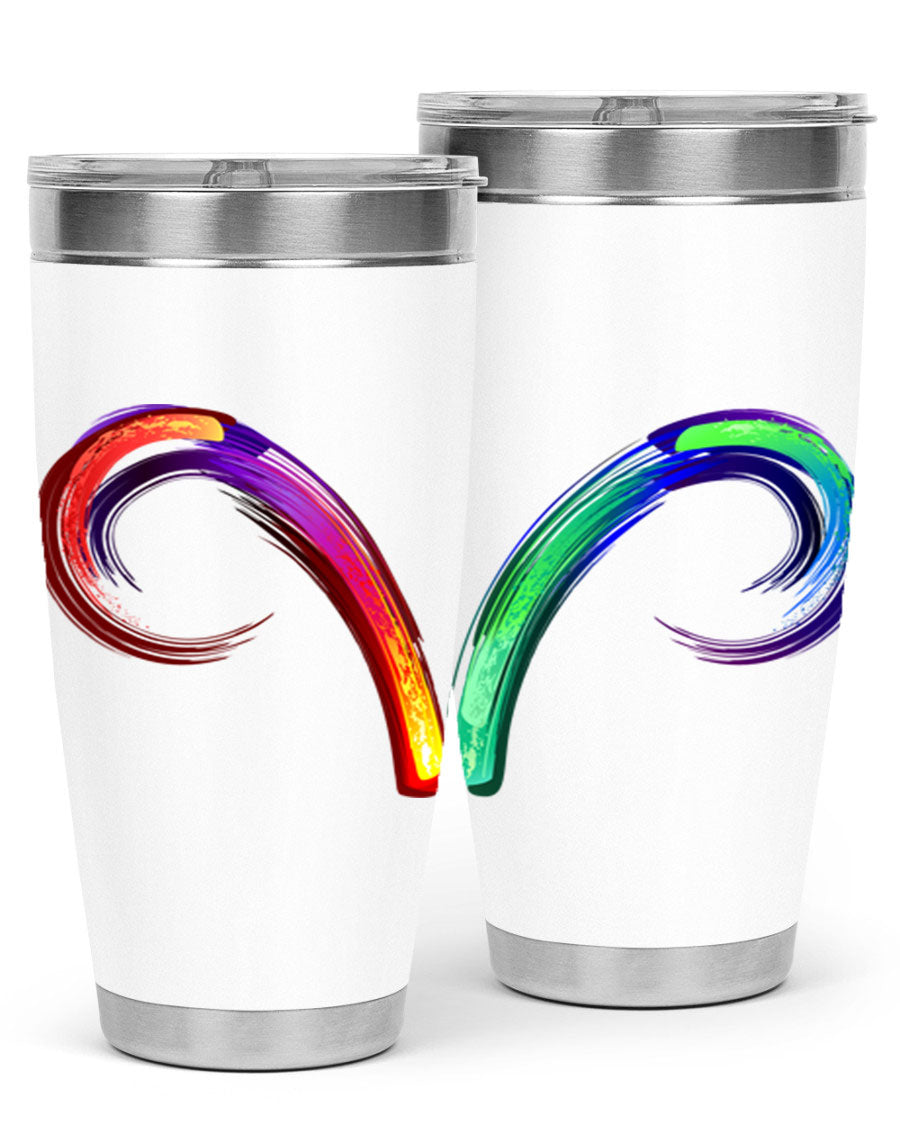 Aries 559# Zodiac Tumbler in stainless steel with a vibrant design, showcasing its double wall vacuum insulation and drink-thru lid.