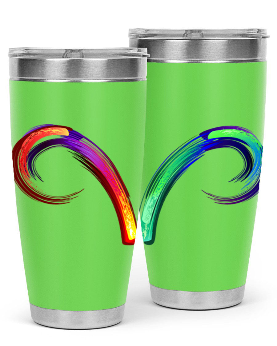 Aries 559# Zodiac Tumbler in stainless steel with a vibrant design, showcasing its double wall vacuum insulation and drink-thru lid.