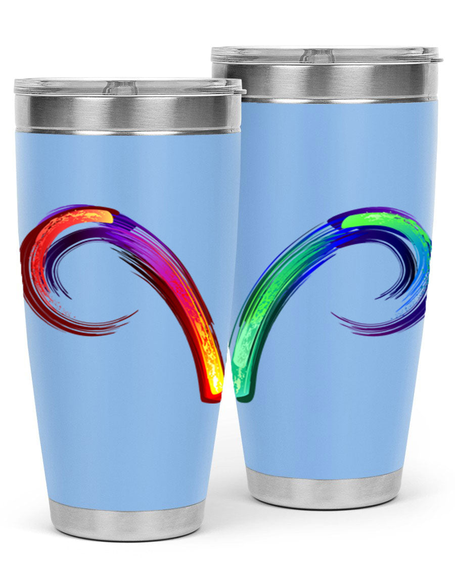 Aries 559# Zodiac Tumbler in stainless steel with a vibrant design, showcasing its double wall vacuum insulation and drink-thru lid.