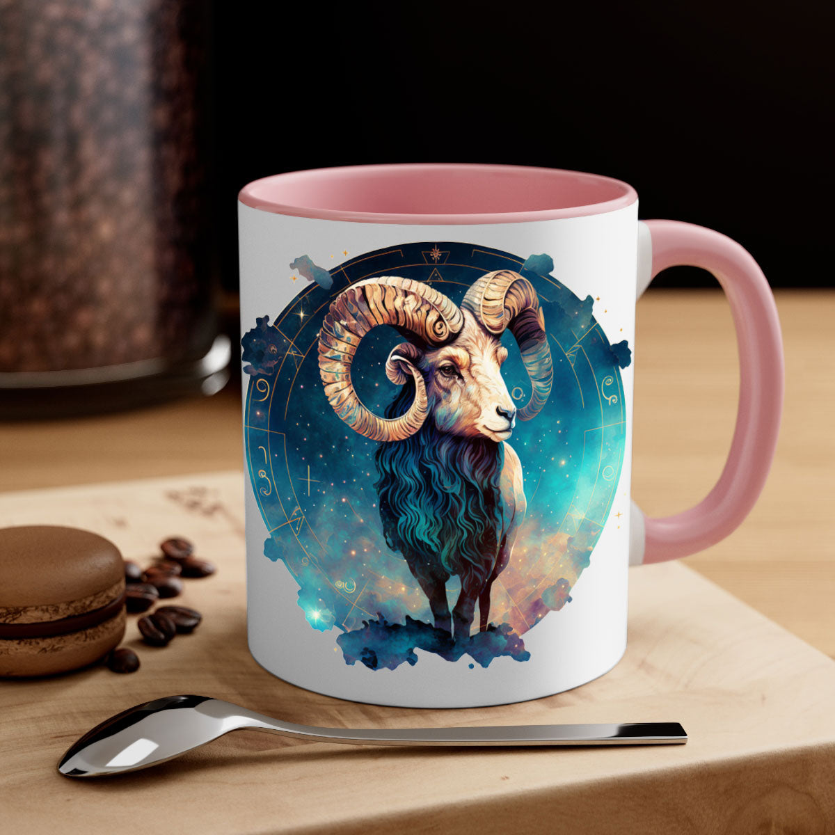 Aries 92# Mug featuring a glossy finish with a colored handle and interior, available in multiple colors and sizes.