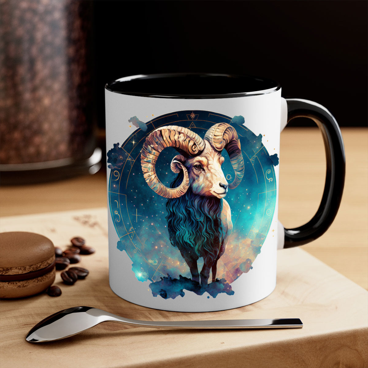 Aries 92# Mug featuring a glossy finish with a colored handle and interior, available in multiple colors and sizes.