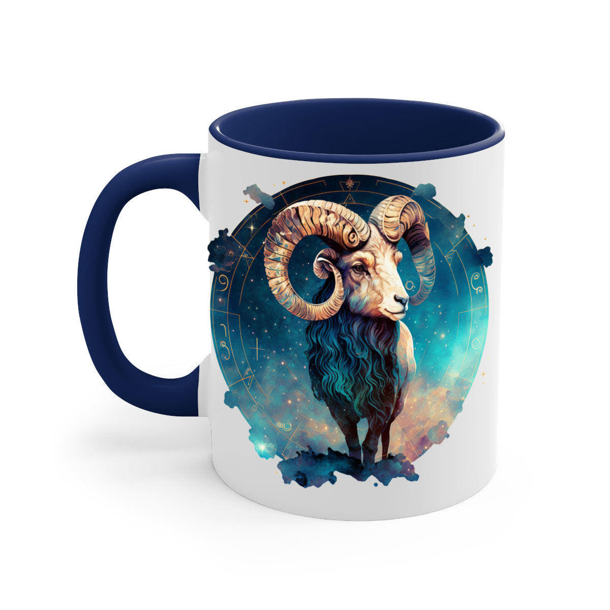 Aries 92# Mug featuring a glossy finish with a colored handle and interior, available in multiple colors and sizes.