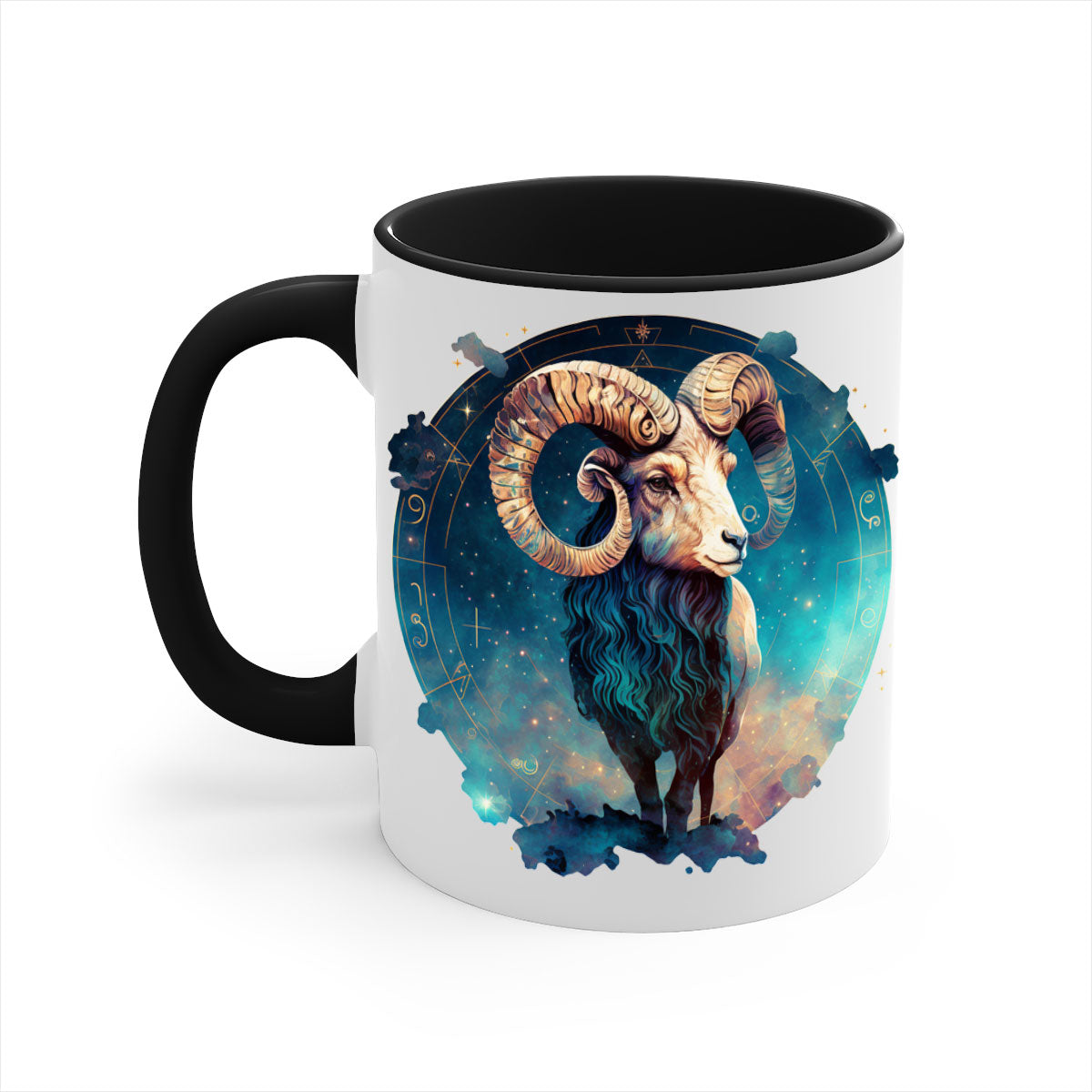 Aries 92# Mug featuring a glossy finish with a colored handle and interior, available in multiple colors and sizes.