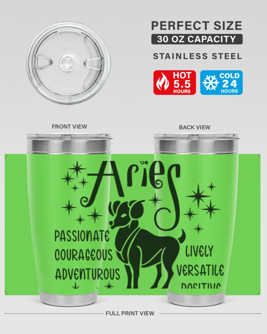 Aries 93# Tumbler in stainless steel with a sleek design, featuring a press-in lid and vibrant zodiac print.