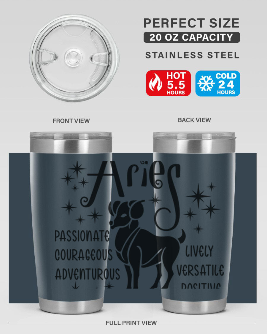 Aries 93# Tumbler in stainless steel with a sleek design, featuring a press-in lid and vibrant zodiac print.