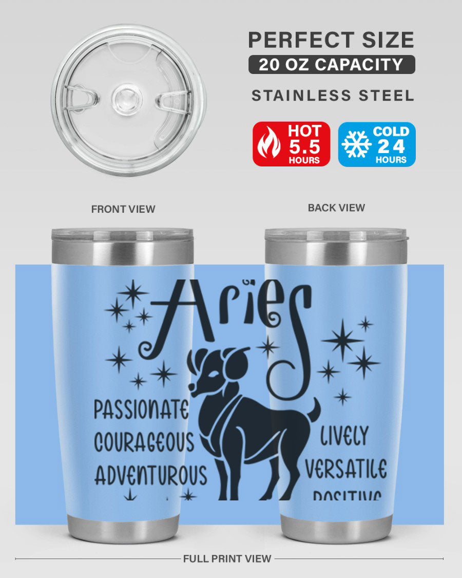 Aries 93# Tumbler in stainless steel with a sleek design, featuring a press-in lid and vibrant zodiac print.