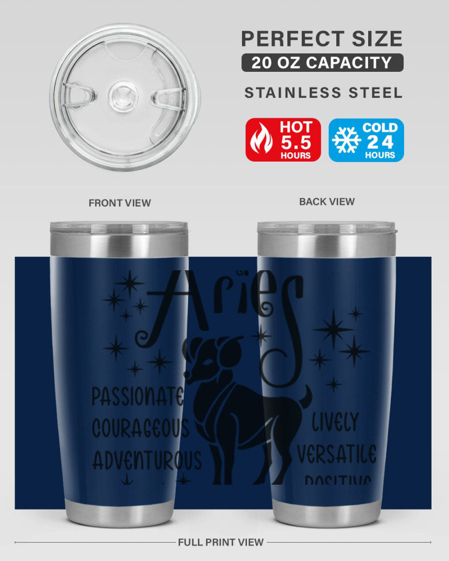 Aries 93# Tumbler in stainless steel with a sleek design, featuring a press-in lid and vibrant zodiac print.