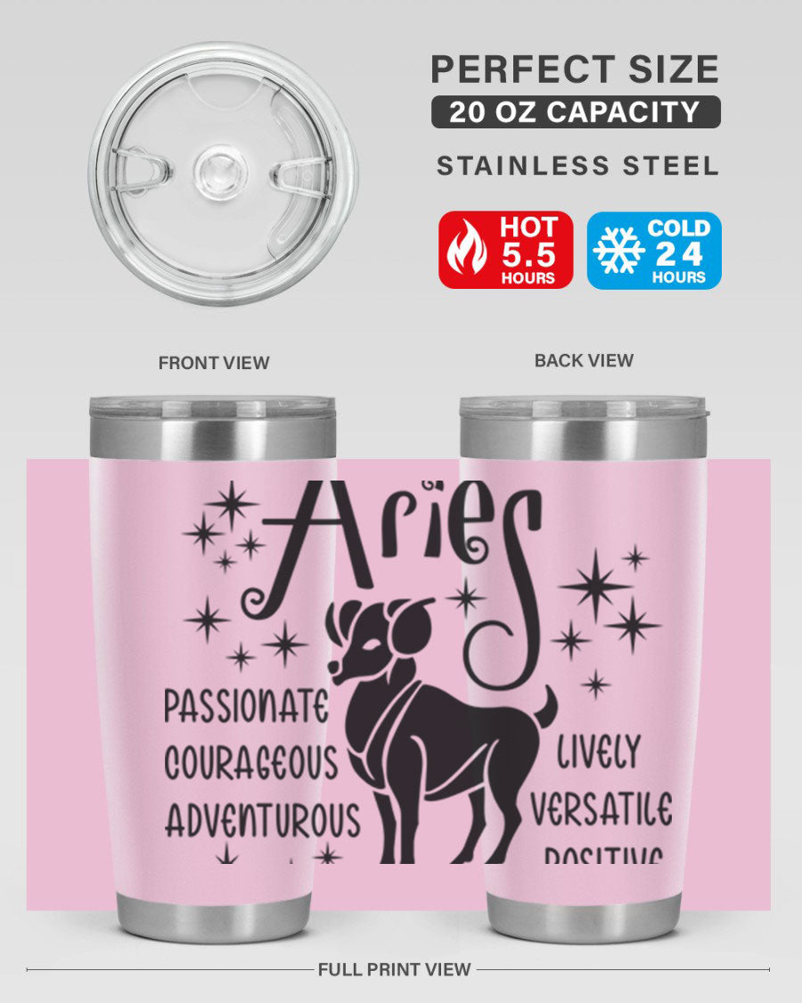 Aries 93# Tumbler in stainless steel with a sleek design, featuring a press-in lid and vibrant zodiac print.