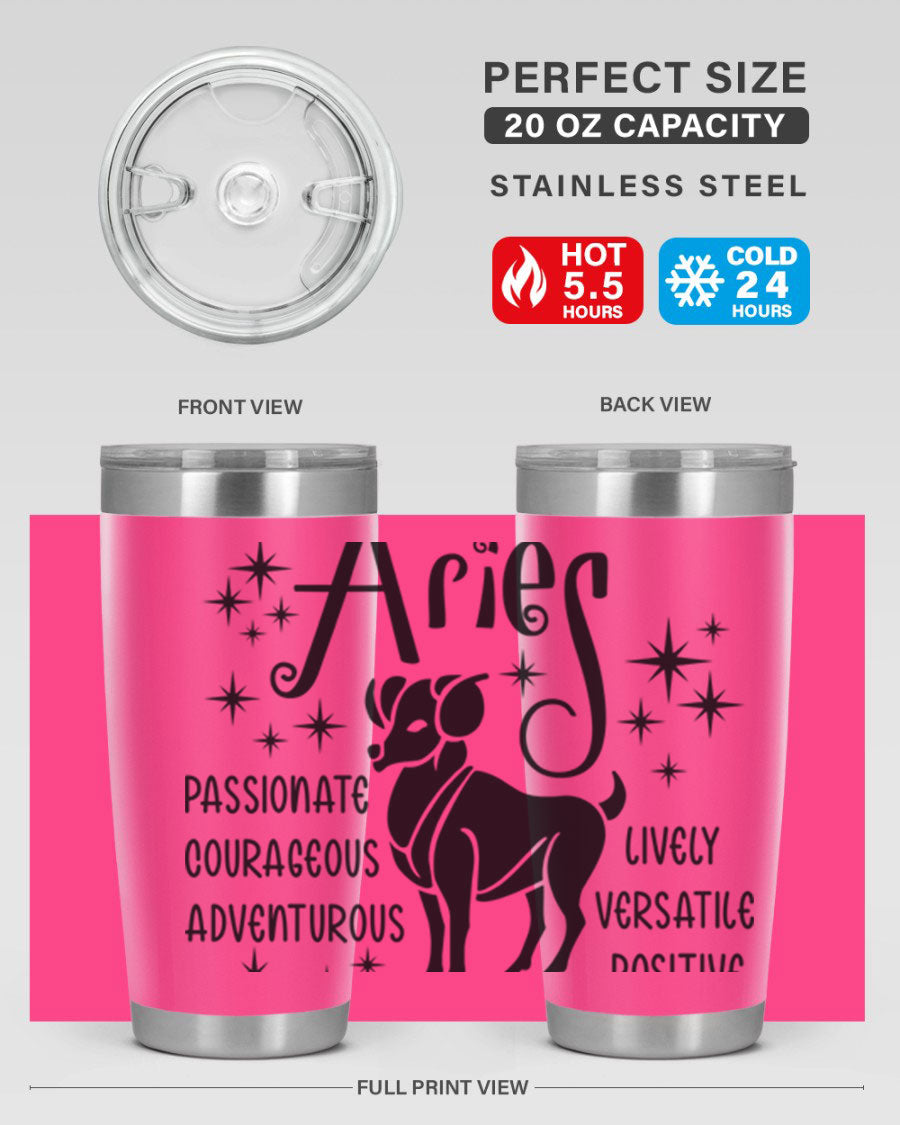 Aries 93# Tumbler in stainless steel with a sleek design, featuring a press-in lid and vibrant zodiac print.