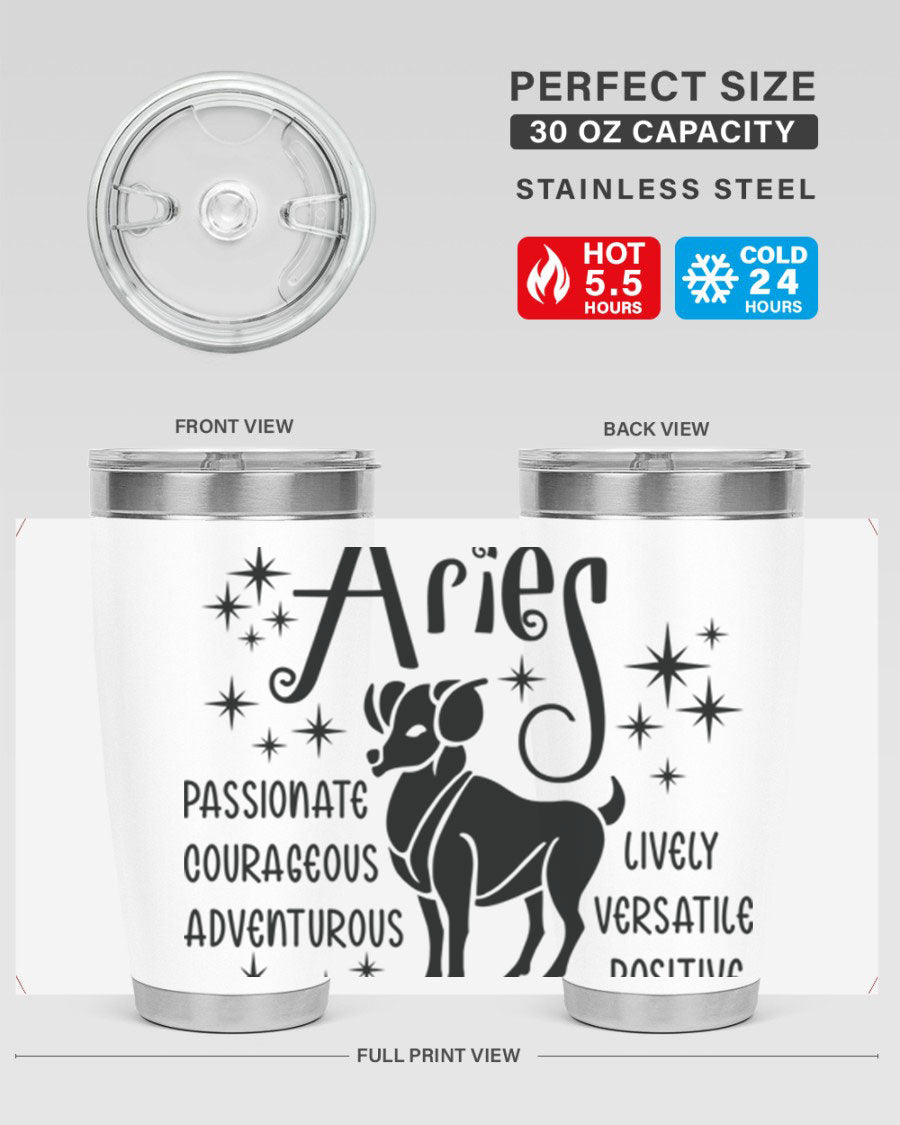 Aries 93# Tumbler in stainless steel with a sleek design, featuring a press-in lid and vibrant zodiac print.