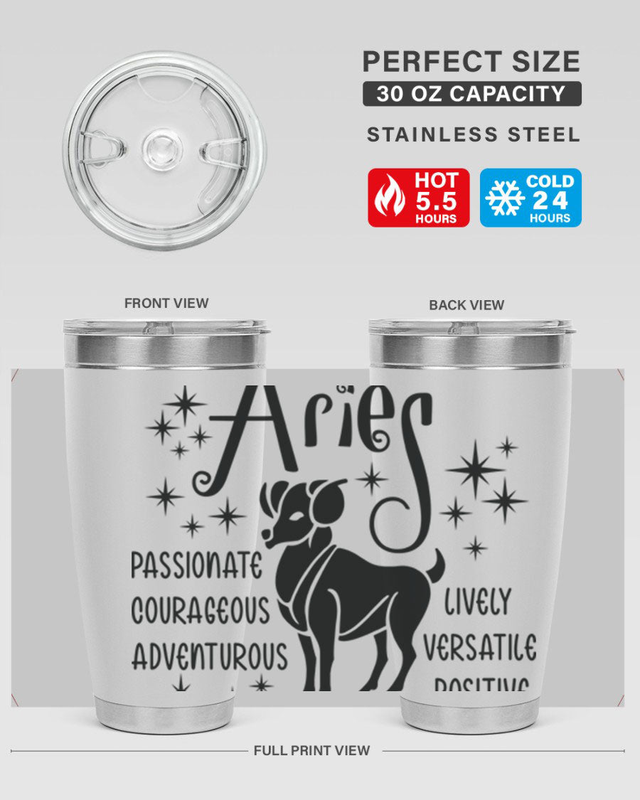 Aries 93# Tumbler in stainless steel with a sleek design, featuring a press-in lid and vibrant zodiac print.