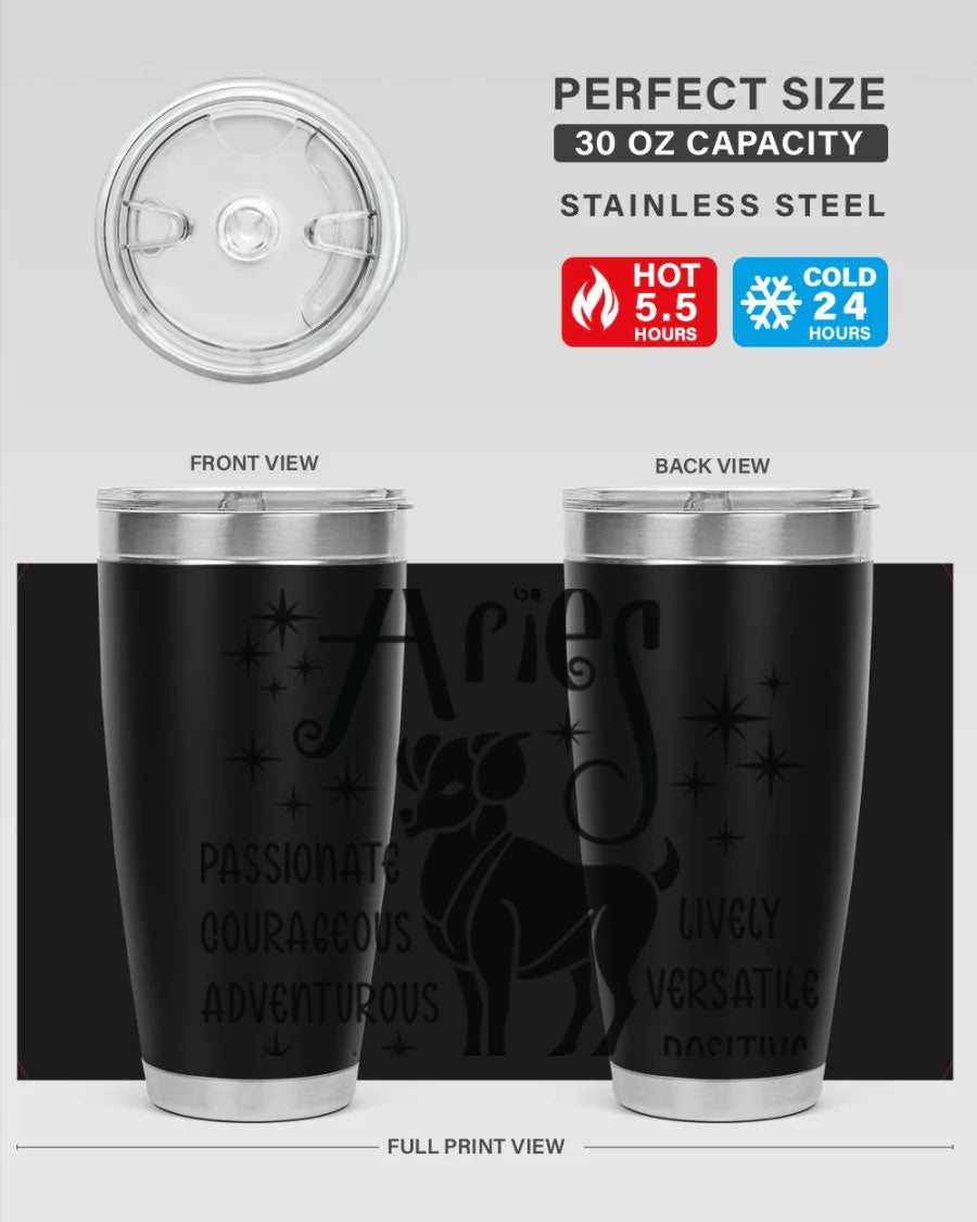 Aries 93# Tumbler in stainless steel with a sleek design, featuring a press-in lid and vibrant zodiac print.