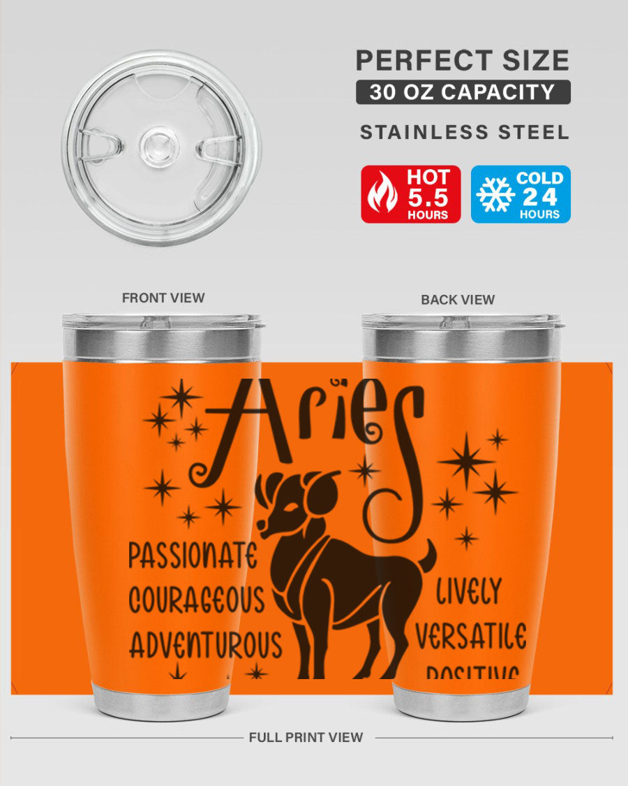 Aries 93# Tumbler in stainless steel with a sleek design, featuring a press-in lid and vibrant zodiac print.