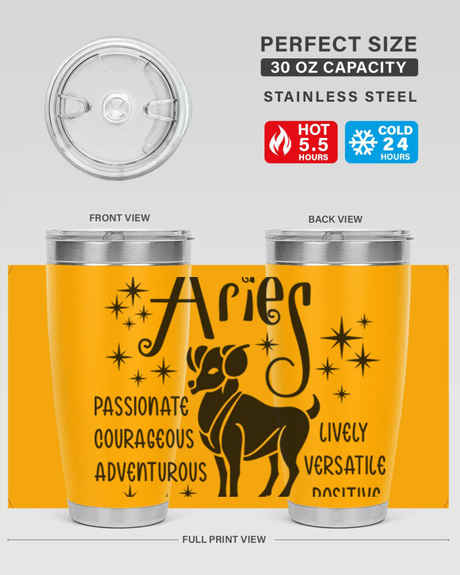 Aries 93# Tumbler in stainless steel with a sleek design, featuring a press-in lid and vibrant zodiac print.